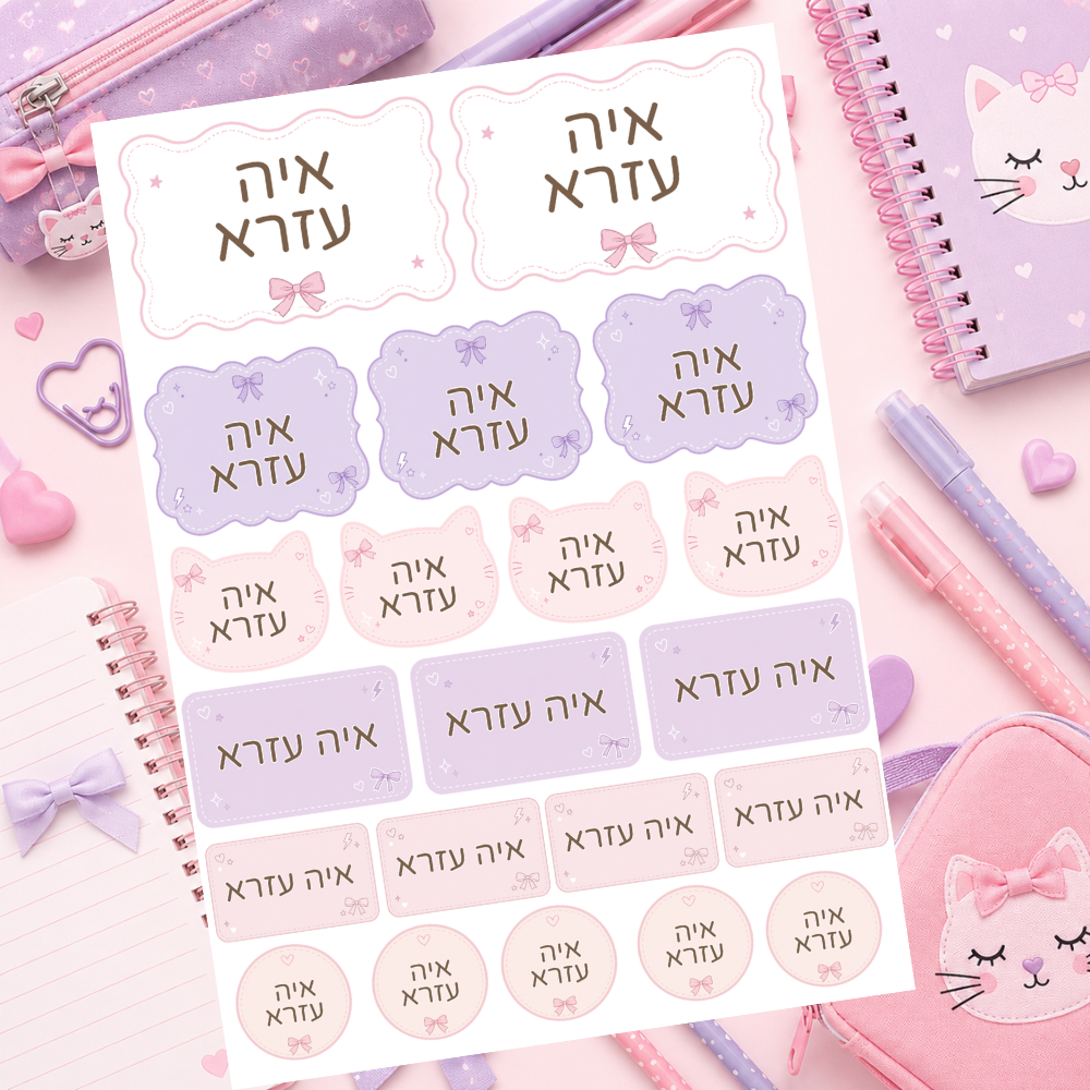 מדבקות שם אישיות - פפיונים וחתלתולים 🎀🐱